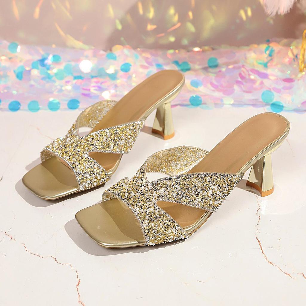 2026 Summer Rhinestone Square Toe High Heel Slides - Sequined, Plus Size, Outdoor Sandals