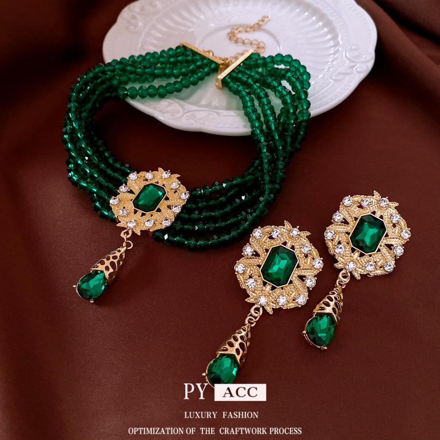 Diamond-encrusted Multi-layer Crystal Beaded Necklace European and American Retro Niche Collarbone Chain Light Luxury High-end Jewelry Set