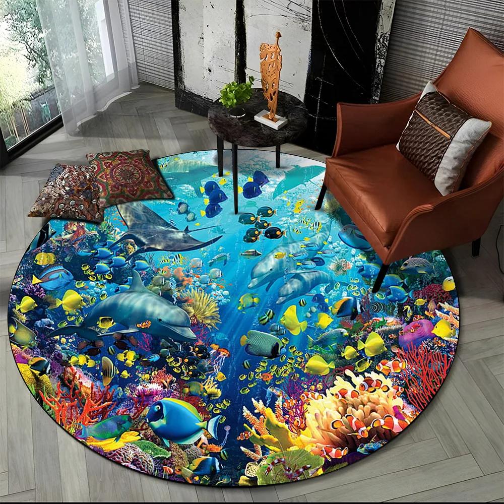 Underwater World Seabed Fish Dolphin Cartoon Round Carpet Rug for Living Room Bedroom Kids Decor,Pet Area Rug Non-slip Floor Mat