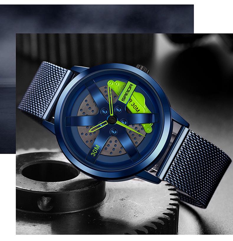 Sanda Men's Fashion Quartz Watch, Mesh Strap, Waterproof, Outdoor Casual, Hollow Wheel Dial.