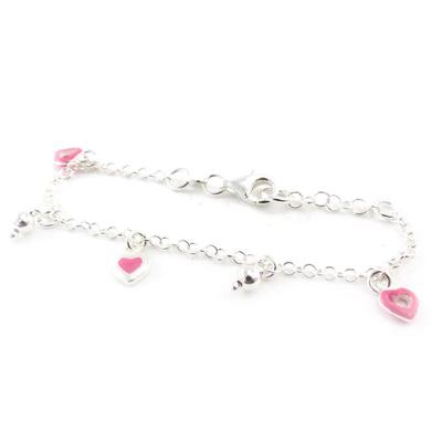 [J2084] - Silver Bracelet 'Ronde Du Bonheur' Pink Hearts