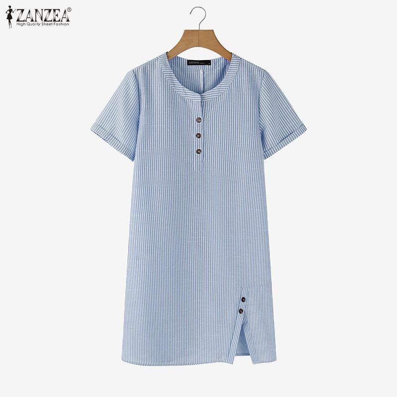 ZANZEA Vestido casual de verano para mujer con cuello redondo, manga corta y rayas