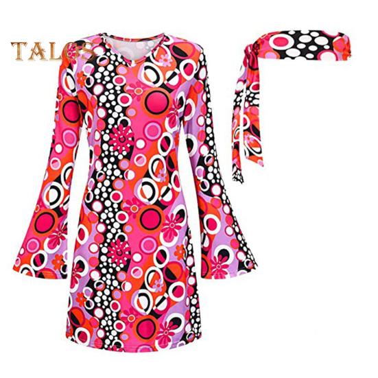 

Женский комплект с повязкой на голову в стиле 1970-х годов, костюм для вечеринки на Хэллоуин, ролевая игра, косплей, платье для вечеринки в стиле диско, длинное платье-трапеция с цветным принтом и рукавами-колокольчиками 3XL розы красного