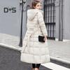 Winter Women Cotton Jacket Detachable Hood Neck Protection Long Sleeves Pockets Knee Length Zipper Closure Padded Coat Solid Color Windproof Outwear