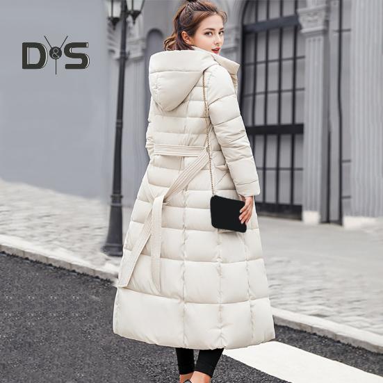 Winter Women Cotton Jacket Detachable Hood Neck Protection Long Sleeves Pockets Knee Length Zipper Closure Padded Coat Solid Color Windproof Outwear