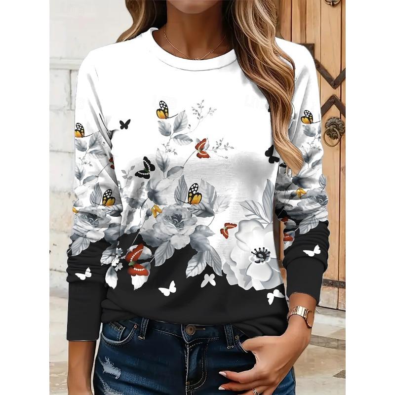 Women's 3D Butterfly Floral Print T-shirt Fashion Long Sleeve Round Neck Regular Tops Holiday Weekend Spring and Autumn