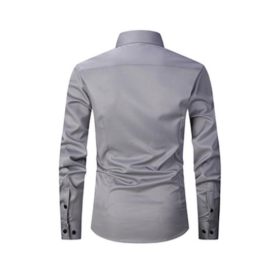 Men Spring Fall Dress Shirt Turn-down Collar Slim Fit Single-breasted Long Sleeves Pure Color Mid Length Young Formal Business Event Office Top