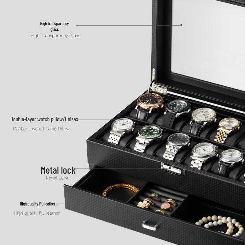 Double Layer Carbon Fiber PU Watch & Jewelry Display Box