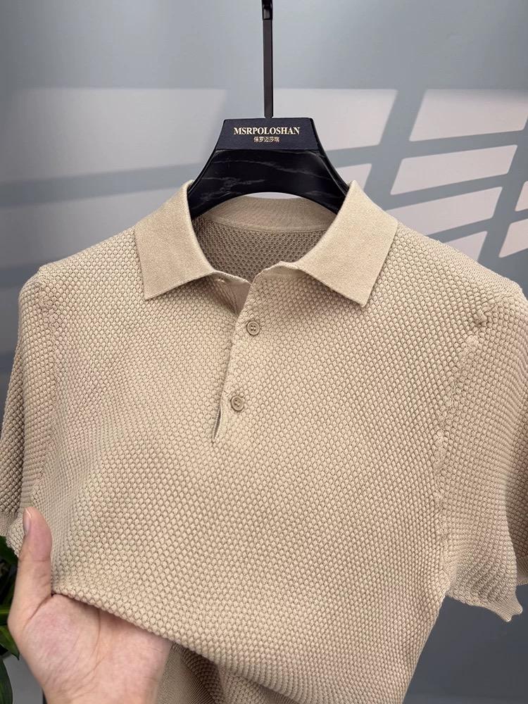 100% Cotton Solid Color Short Sleeve Polo Shirt Summer Breathable Pineapple Pattern Lapel T-shirt High-end Knitted Men's Wear