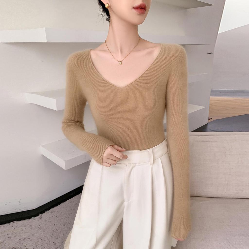 Women's V-Neck Cashmere Sweater - Loose Fit, Solid Color, Autumn/Winter Style
