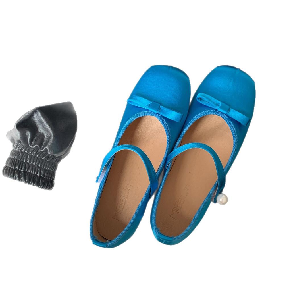 French Evening Breeze Bow With Blue Satin Ballet Mary Jane Shoes Inner Height Increase Light Mouth Single Shoes Women