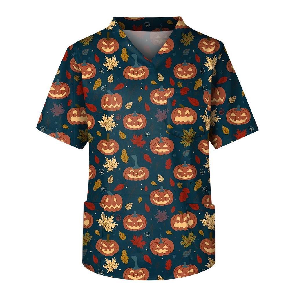 Fashion Men's Short Sleeve V Neck Halloween Printing Working Chest Pocket Carer Top