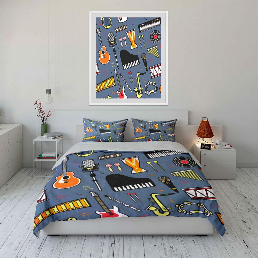 Musical Elements Collage Print Bedding Set 1 Duvet Cover 2 Pillowcases for Adult and Children Luxury Gift Full Size