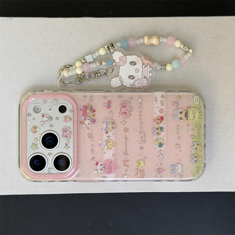 Cute Pink Cartoon Animals Glitter Phone Case For iPhone 17 16 15 14 Pro Max Kawaii Bunny Charm Wrist Strap Protective Cover for