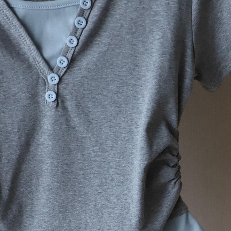 2025 Korean Style V-Neck Color Block Waist-Slimming Two-Piece Look Short-Sleeve T-Shirt