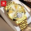 OLEVS Automatic Mechanical Watches for Men Stainless Steel Skeleton Flywheel Perpetual Calendar Rhombus Mirror Luxury Man Watch