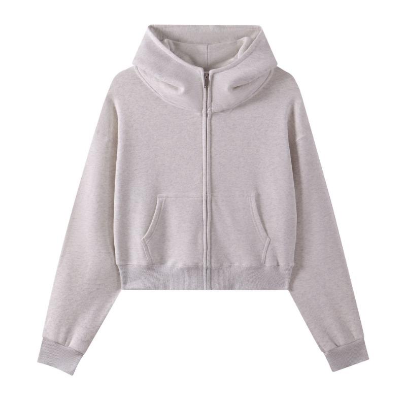 3 Large Fur Ring Solid Color Turtleneck Hooded Zipper Women's Short Hoodie Autumn and Winter Round Neck Fashion Sweater Women