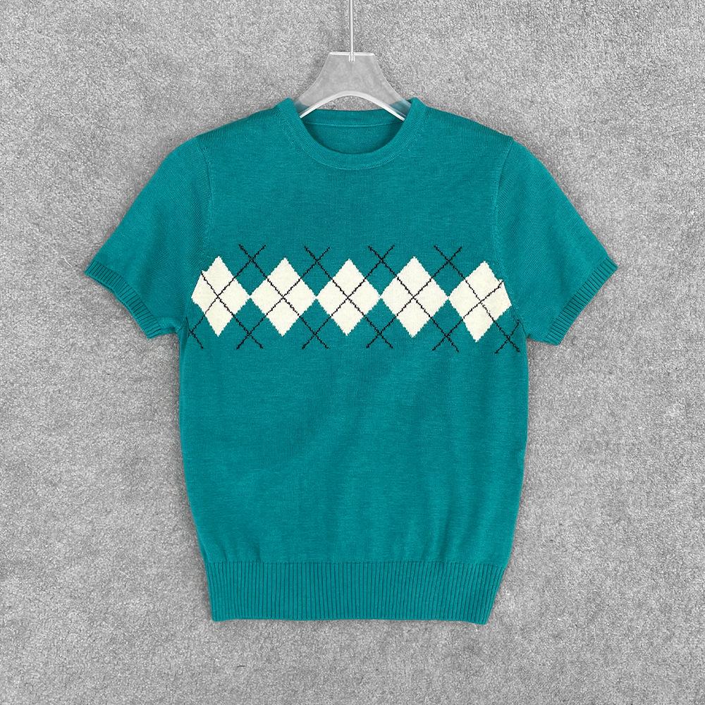 

RA Women s Retro Argyle Slim Knit Top - Short-Sleeved, Casual, Versatile Medium морська хвиля