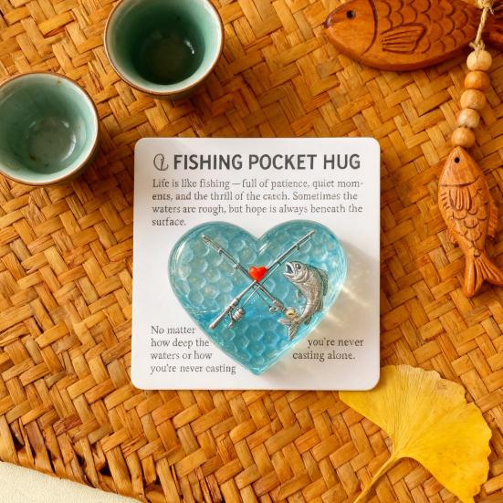 Fishing Lover Pocket Hug Sea Glass Heart Token with Fishing Rod Fish Design Inspirational