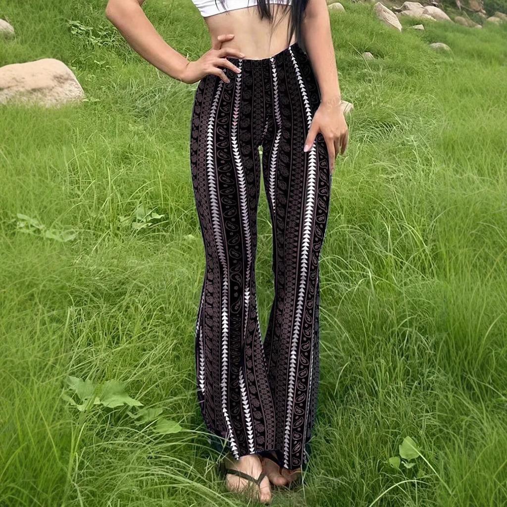 Women's Flared Pants with Paisley and Stripe Pattern, High Waist Bell Bottom Trousers