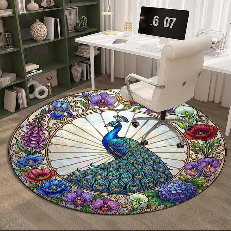 Blue Peacock Floral Art Round Carpet Chair Cushion Round Entryway Rug, Soft Round Rugs for Living Room, Bedroom, Circle Carpet Decor Gifts