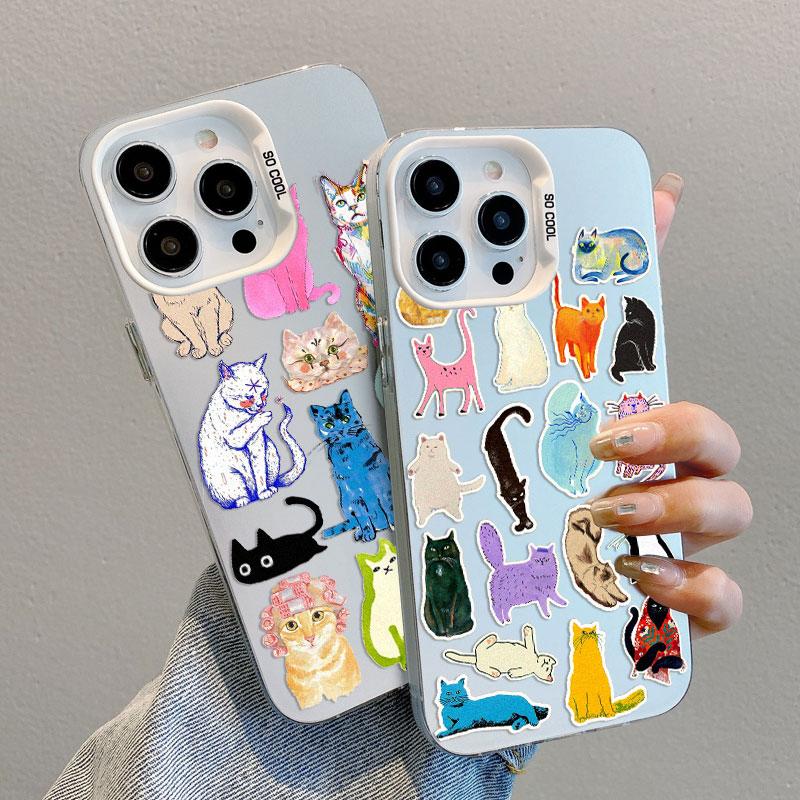 Creative Art Color Cats Laser Phone Case For iPhone 14 13 12 Mini 11 Pro Max 15 16 Pro Max Plus Shockproof Protective Back Cover