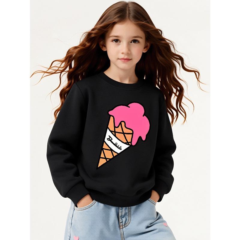 European sizes Girls Soft Crewneck Sweatshirt Pink Ice Cream Cone with Waffle Pattern, Casual All-Match, Ideal Holiday Present
