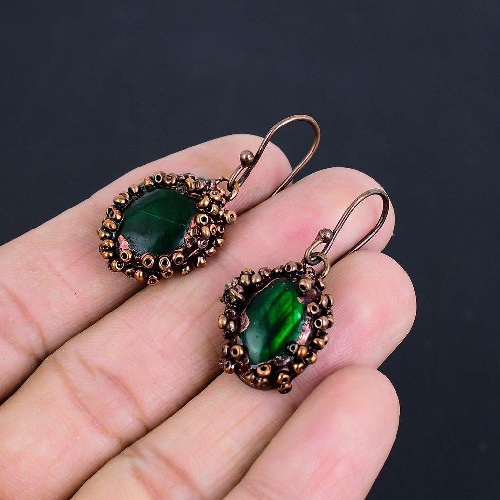 Green Flash Labradorite Copper Electroformed Earrings, Handmade Gemstone Earrings Jewelry, Gifts For Wife Brand New Earrings