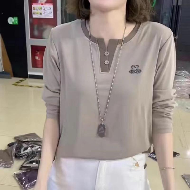 New Casual Women's Black Swan Ironing Diamond V-neck Long-sleeved T-shirt Fashionable Age-reducing Belly-covering Top