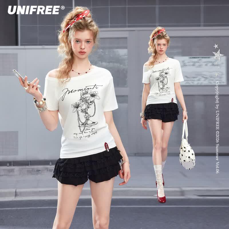 UNIFREE Women s Graphic Print Oblique Shoulder Loose T-Shirt S