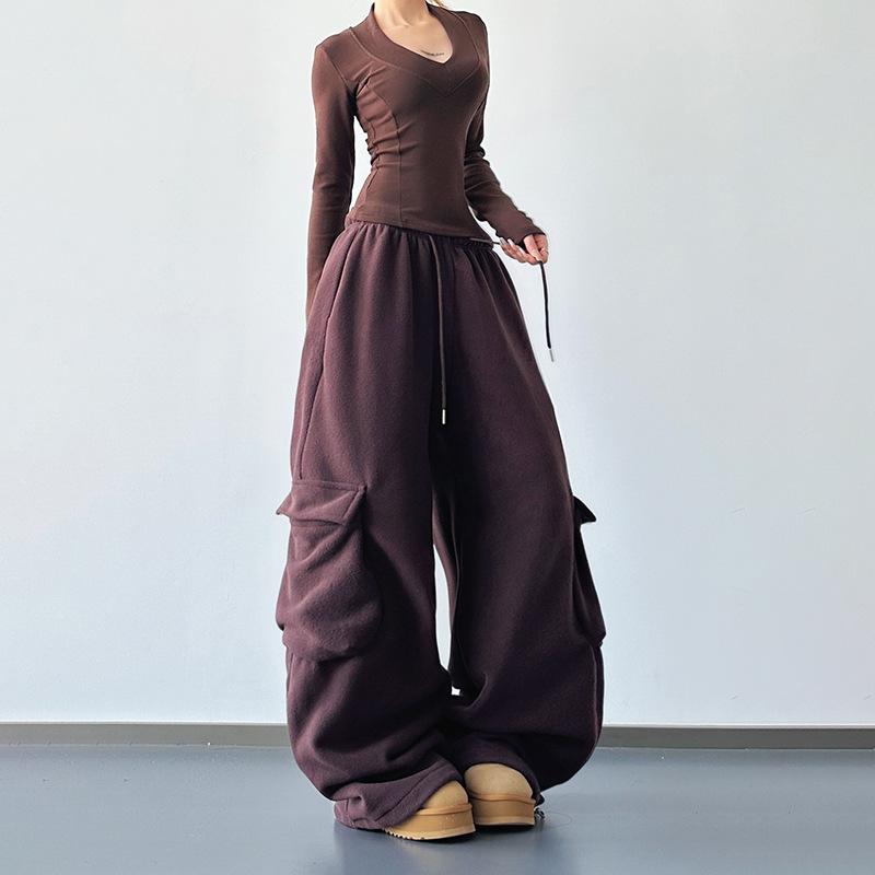 

Women s 2025 Winter Wide-Leg Fleece Cargo Pants with Large Pockets - Tall, Loose Fit Large кофейный