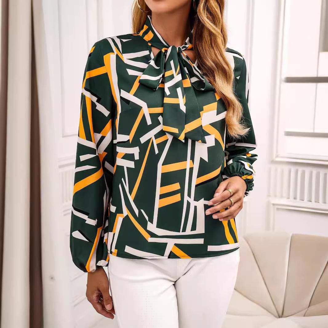 

GMXIA Осенний темперамент принт женская рубашка мода свободный провисающий длинный рукав топ для женщин M