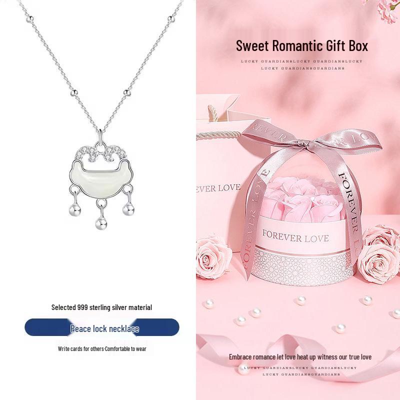 Hetian Jade Women's Necklace: 999 Sterling Silver Peace Lock Pendant, Versatile Clavicle Chain, Ideal Birthday Gift for Girlfriend