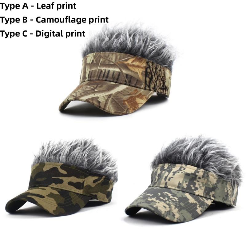 Men Baseball Cap With Spiked Hairs Wig Unisex Fake Wigs Hip Hop Urban Street Style Sunhat Outdoor Army Green Camouflage Print Jungle Sunshade Visor