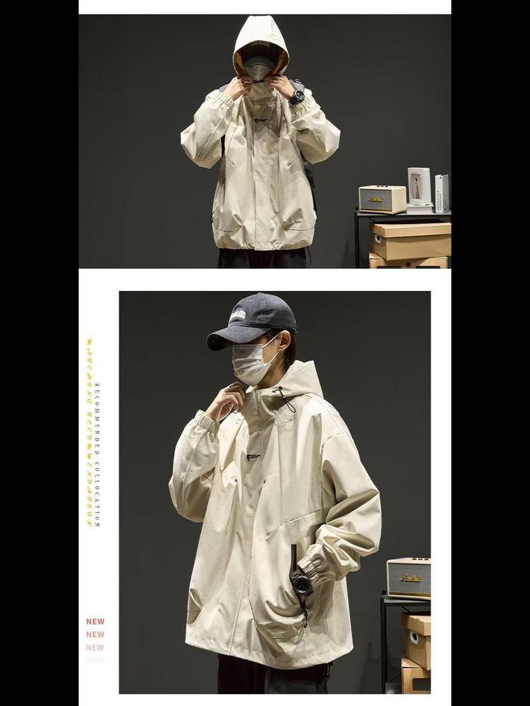 Herren Lockerer Kapuzen-Bergsteigerjacke: Japanische Mode, Amerikanisch Lässig, Frühling/Herbst