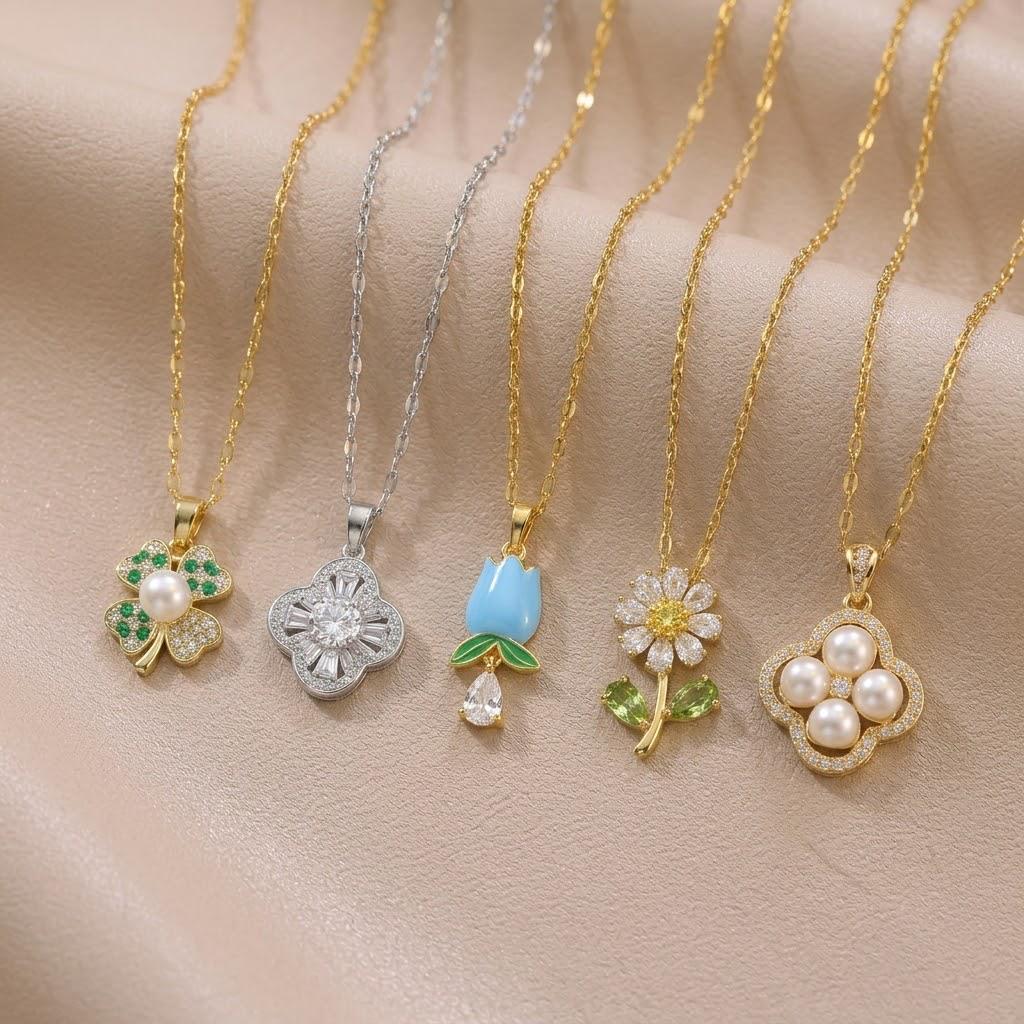 European-American Floral Pearl Necklace with Zirconia Flowers and Full Diamond Pendant