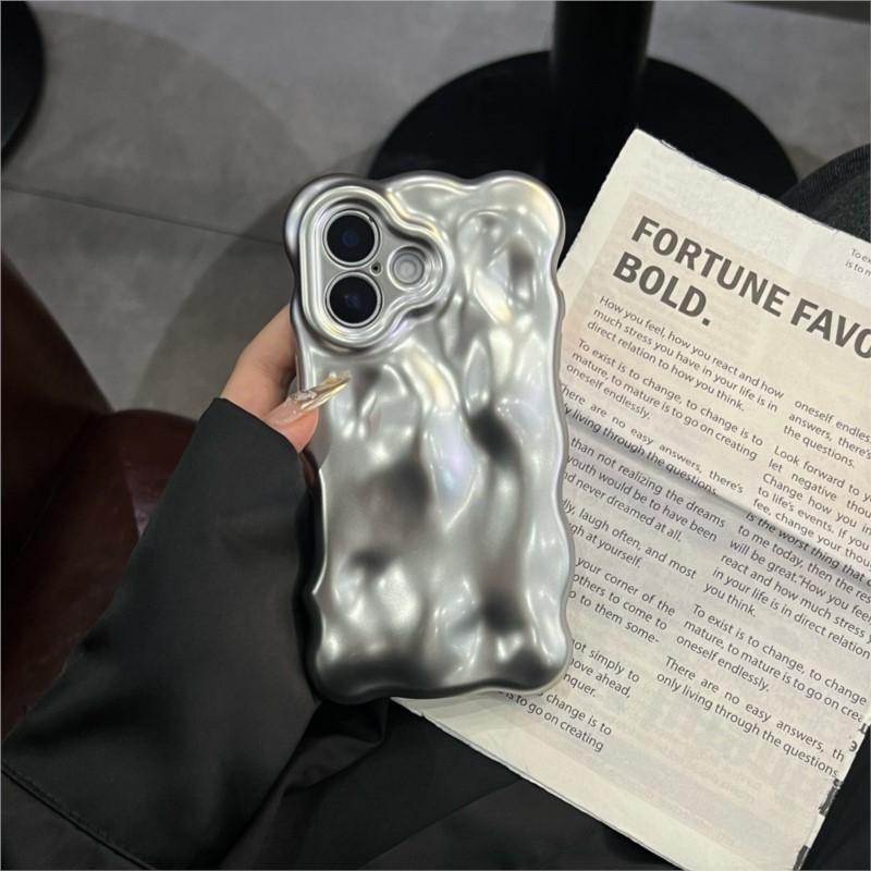 Luxury Glossy Reflective Tinfoil Wave Pattern Case For iPhone 16 Plus 15 14 13 12 Pro Max 11 3D Curved Bright Plating Cover