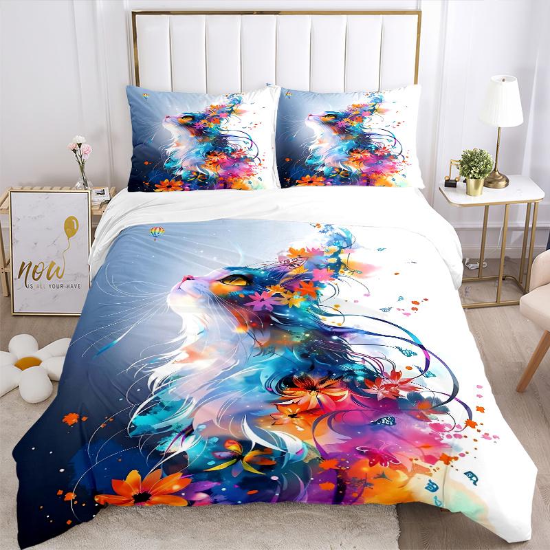 3pcs Colorful Cat Art Design Bedding Set, Including Without Filling, Soft and Comfortable Home Bedroom M033