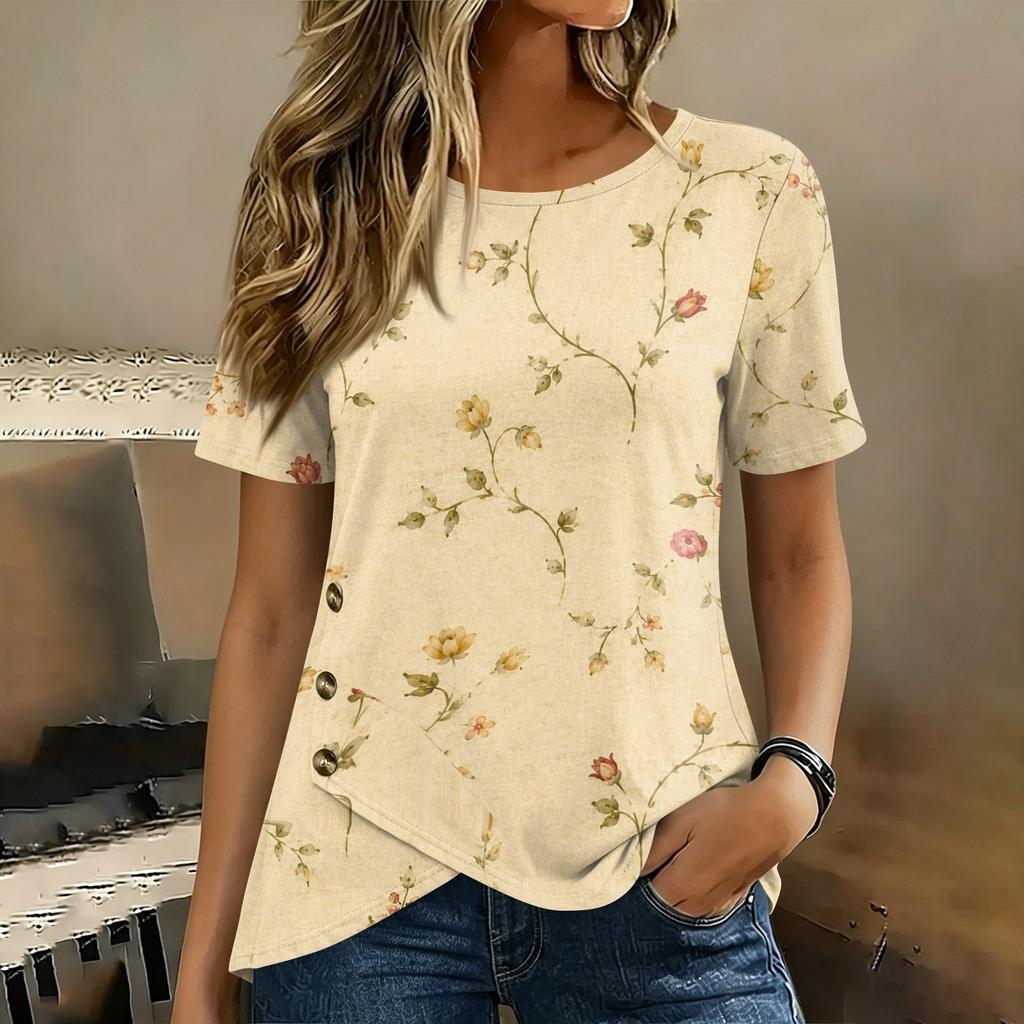 Women Short Sleeve Floral Print Top Button Detail Round Neck Casual T-Shirt Blouse Lightweight Comfortable Summer Wear