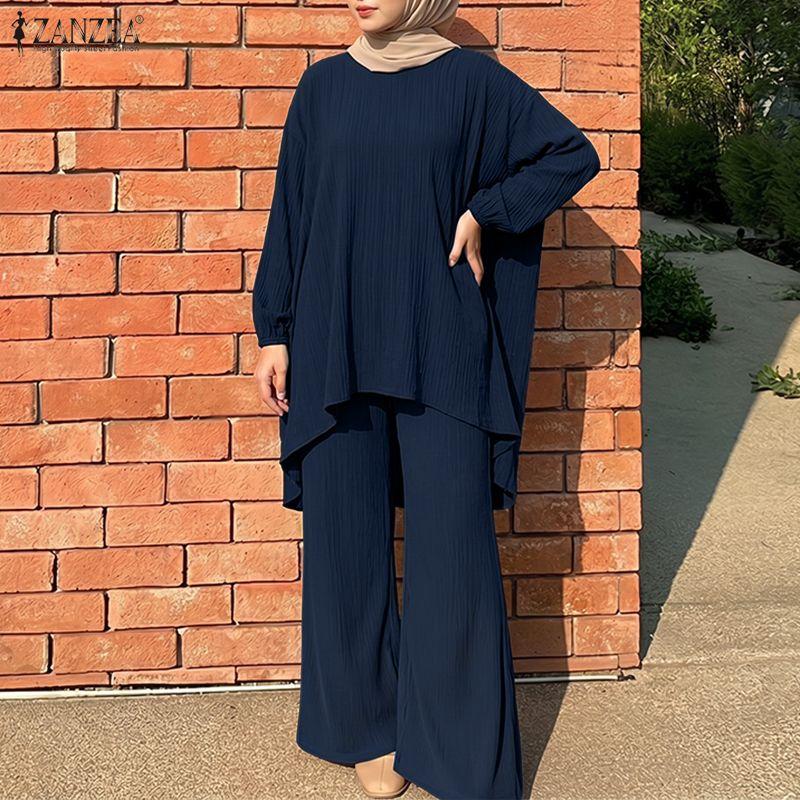 ZANZEA Completo da Donna Casual a Due Pezzi con Blusa a Manica Lunga Irregolare e Pantaloni Lunghi