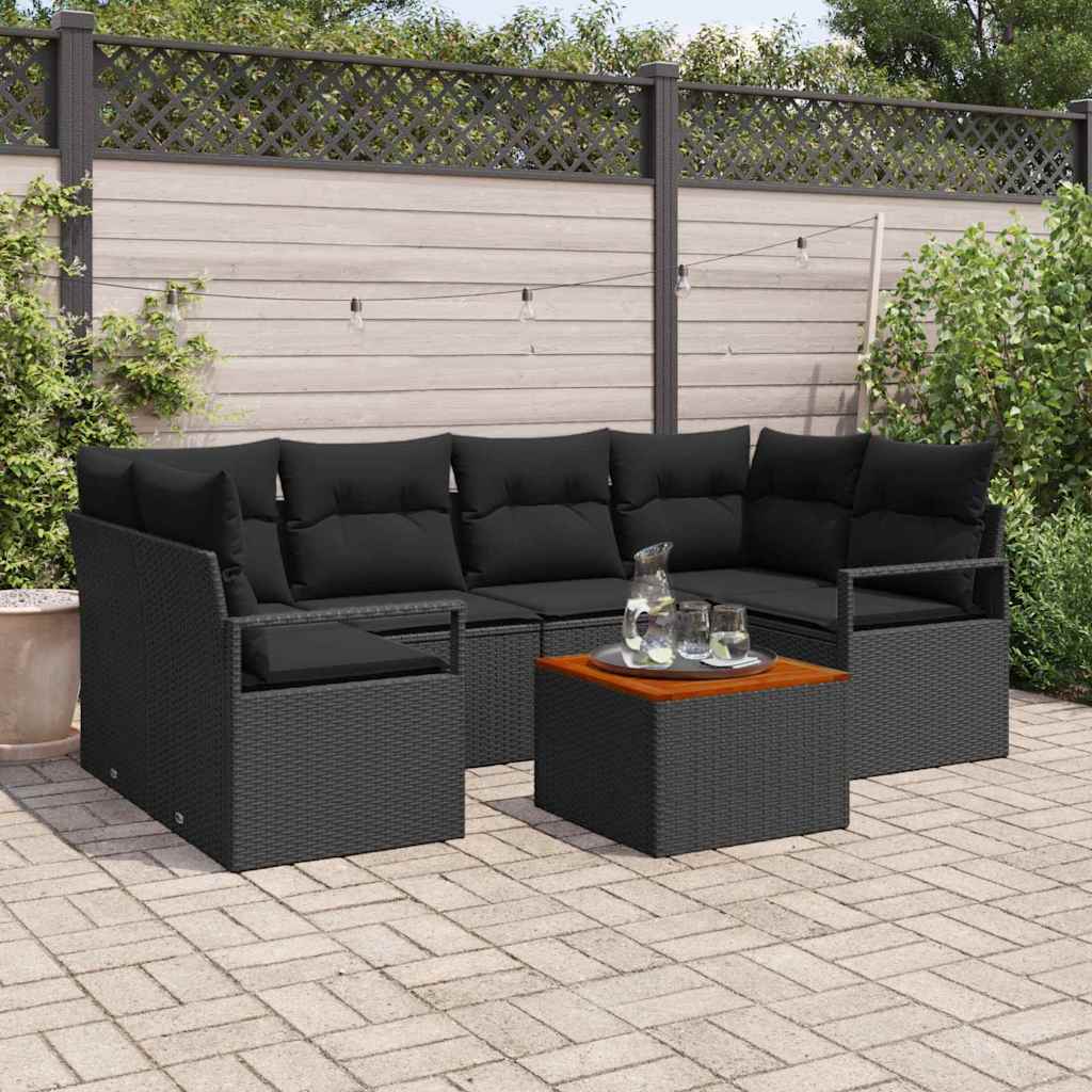 7 Piece Garden Sofa Set with Cushions Black Poly Rattan