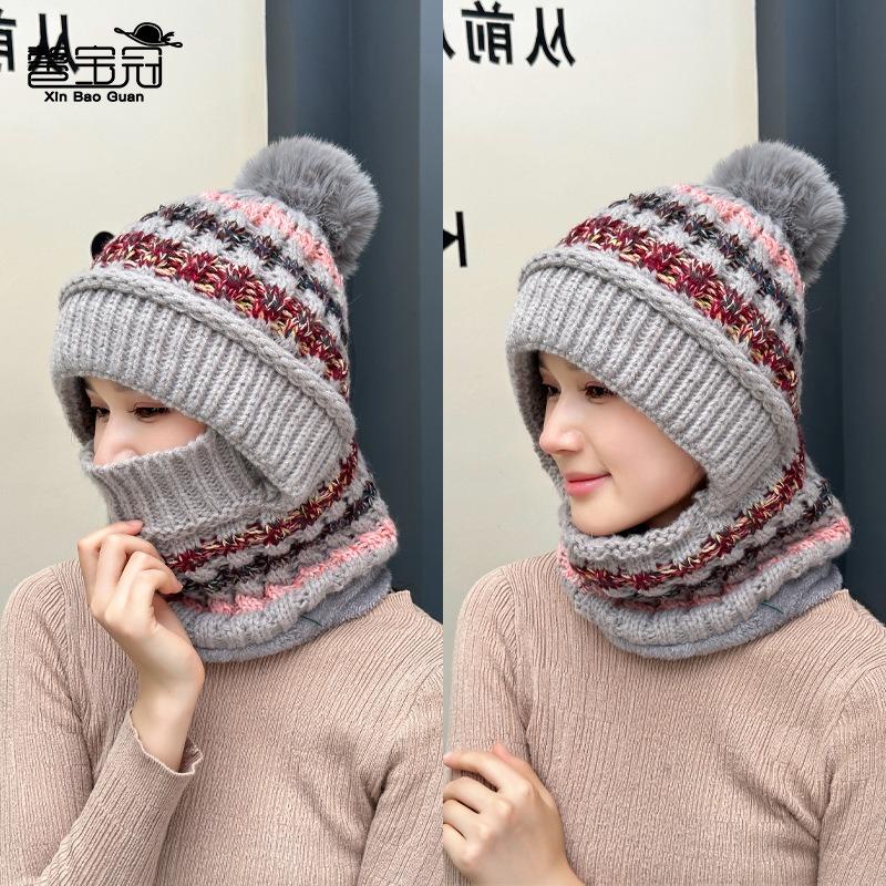 Winter hat, scarf, mask, integrated hat, women's cycling, windproof, ear protection, pullover hat, fleece warm knitted wool hat