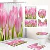 Tulip Flowers Bathroom Curtains Floral Fabric Shower Curtain Set Bath Mats Rugs Toilet Lid Cover Anti-Skid Carpet Home Decor