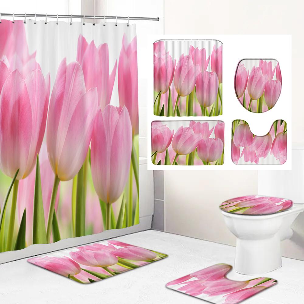 Tulip Flowers Bathroom Curtains Floral Fabric Shower Curtain Set Bath Mats Rugs Toilet Lid Cover Anti-Skid Carpet Home Decor
