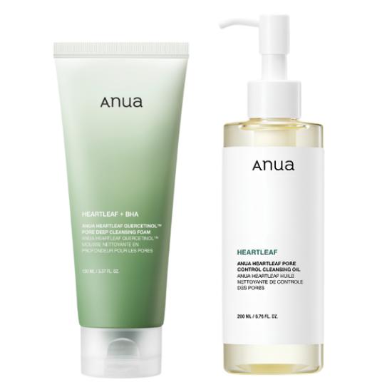 ANUA Heartleaf Pore Control Cleansing Oil & Heartleaf Quercetinol Cleansing Foam - Double Cleansing Routine