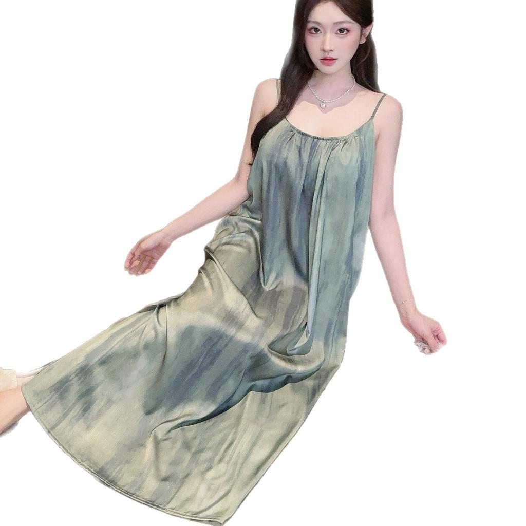 Spring and summer new ice and snow silk simple and elegant high-end temperament beautiful back suspender nightdress fairy fairy style long dress