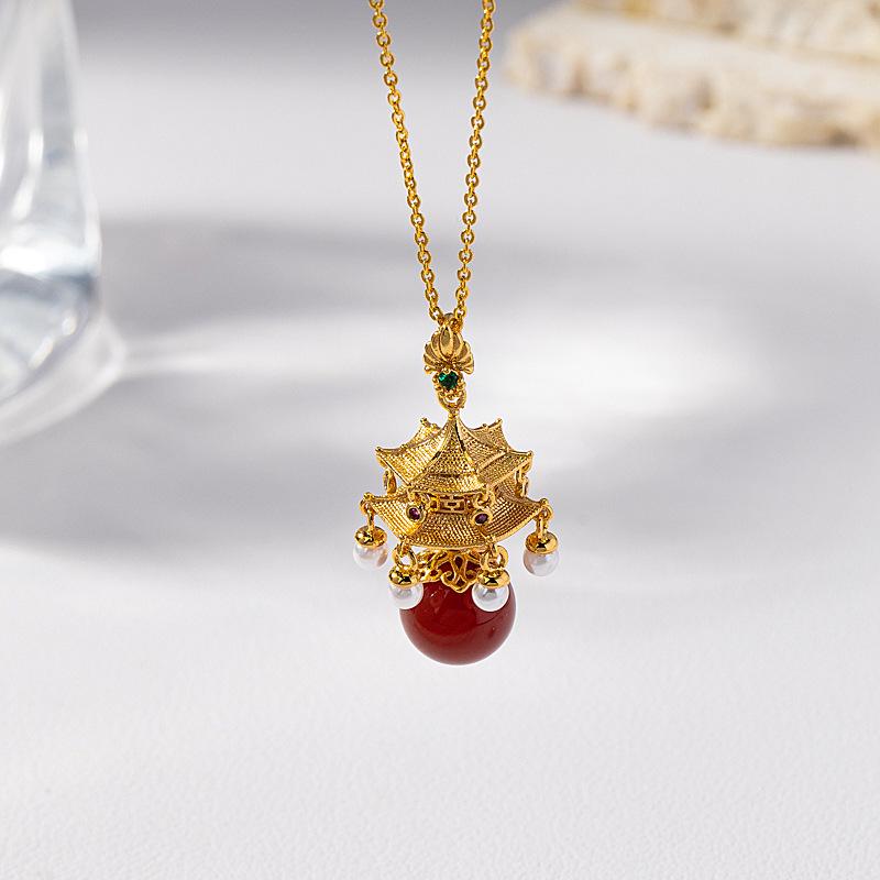 

Древнее позолоченное медное китайское ожерелье и серьги с красным агатом, ювелирный набор