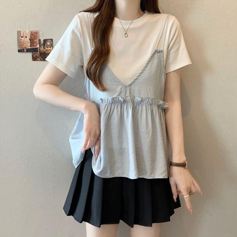 Plus size women clothing Design Sense Belly Covering Overlapping Wear Short sleeve T-shirt Women s Summer Chubby Girl Loose Slimming Doll Shirt Top White T+Blue Sling M [Recommendation 42.5-50kg]