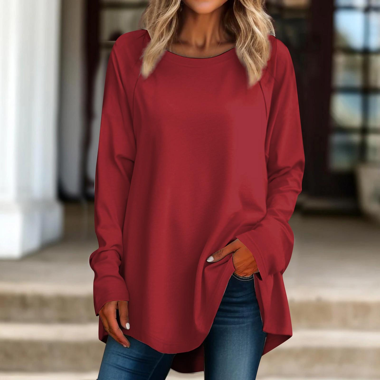 

Женская повседневная футболка больших размеров с длинными рукавами и круглым вырезом, верхний пуловер XXXL винный