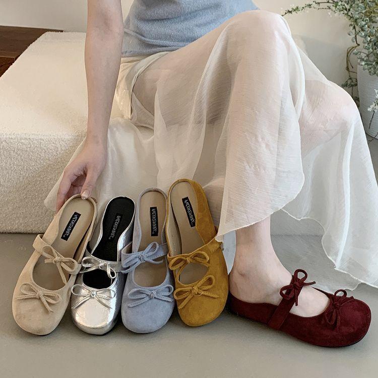 Height-increasing Retro Bag Head Half Slippers Women's Spring and Summer Outer Wear New French Ballet Style Bow Mary Single Shoes